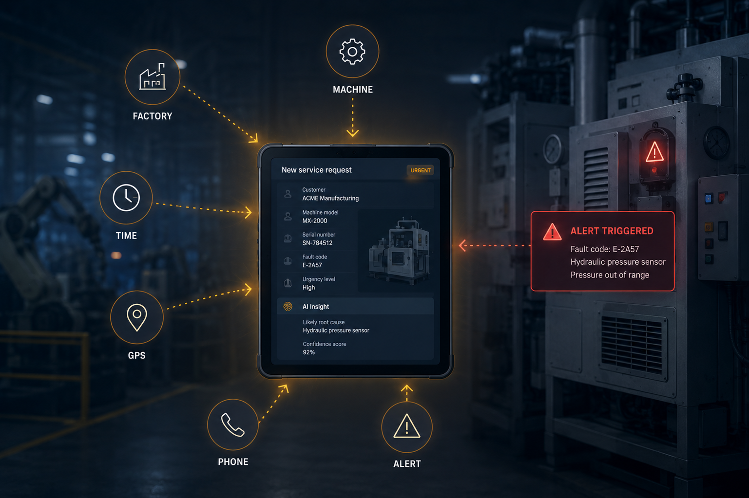 Step 1 — a service request notification arriving on screen with full context: factory, machine, alert, phone, GPS and time details.