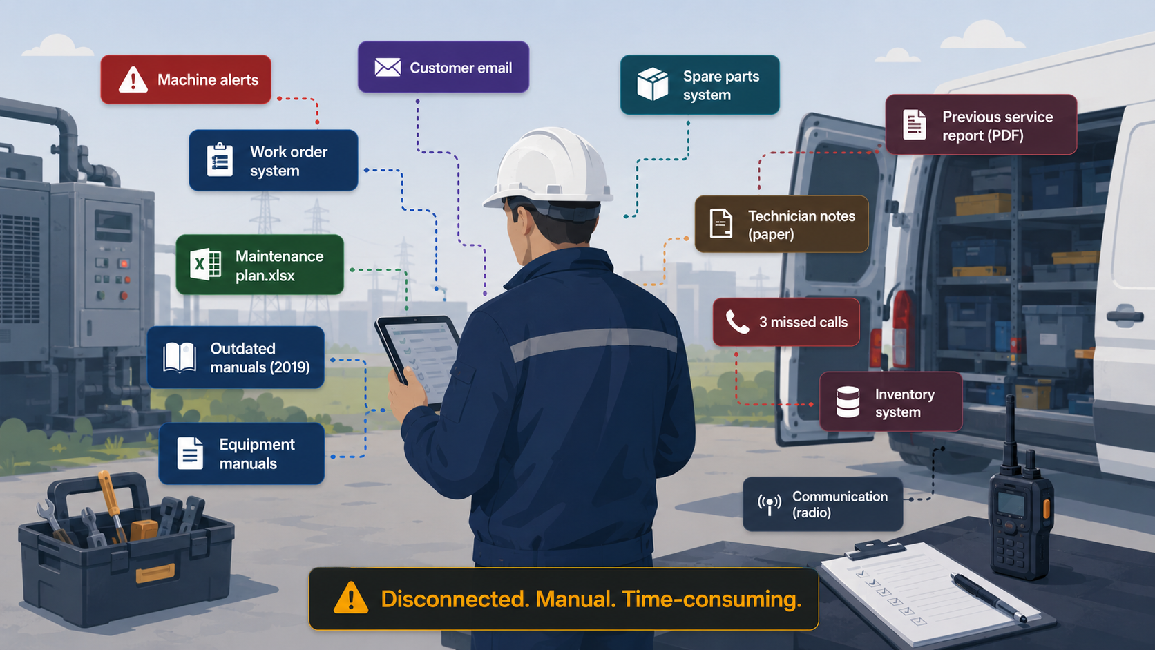 A field service engineer surrounded by disconnected systems — machine alerts, work orders, maintenance plans, outdated manuals, spare parts, technician notes, inventory and radio — captioned Disconnected. Manual. Time-consuming.